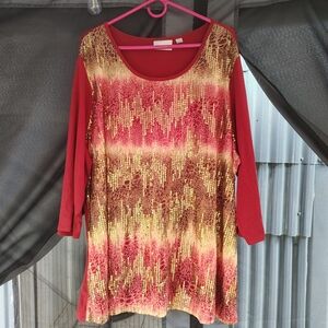 Avenue Red and Gold Graphic 3/4 Sleeve Blouse